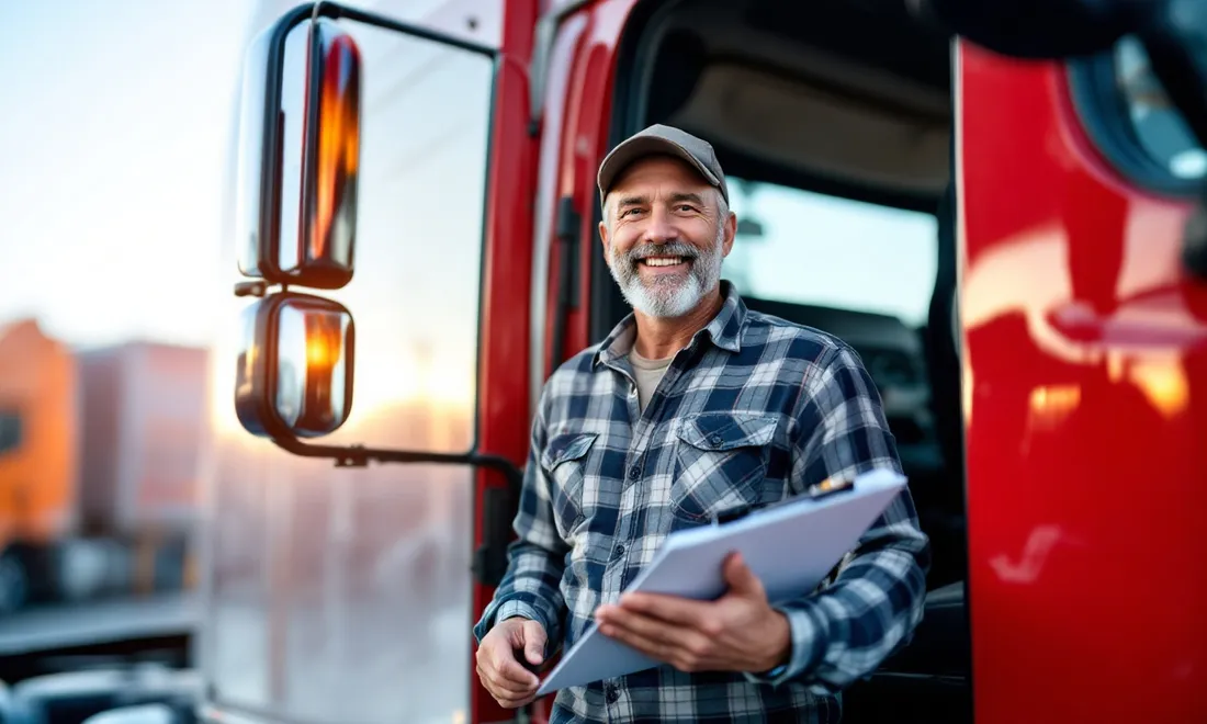 Professional contract driver beside a new truck cab