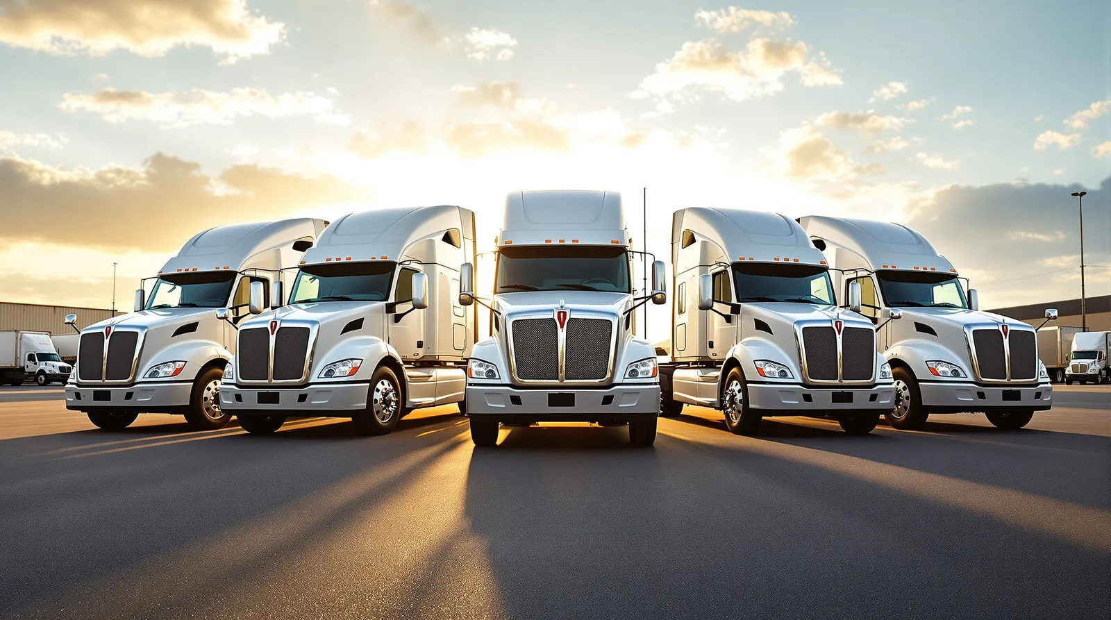 Row of new American semi tractors staged at a dealer lot at golden hour